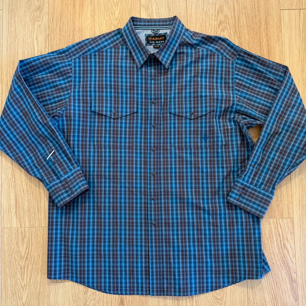 NWOT Ariat Pro‎ Series Shirt Mens XXL Blue Brown Plaid Western Pearl Snap Rodeo